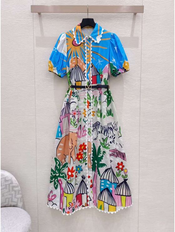 Valentino Turn-Down Collar Short Sleeve Dress in Multicolor