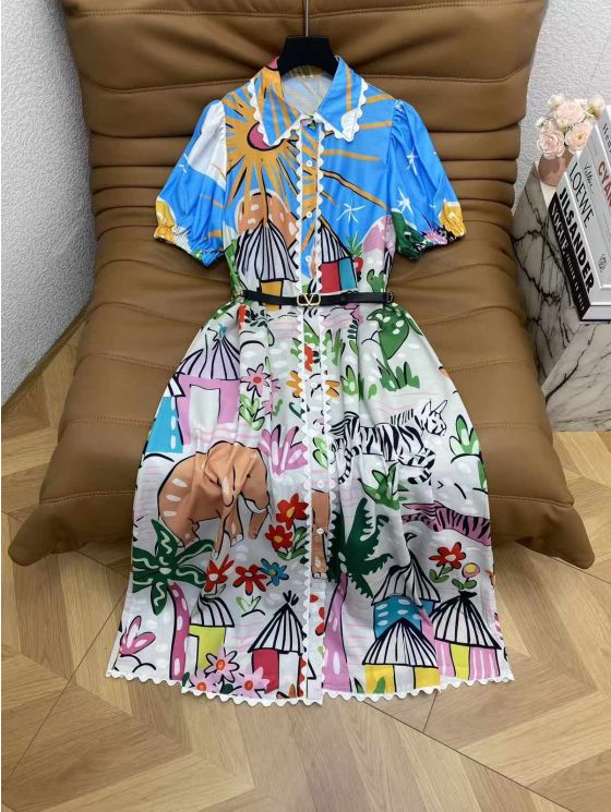 Valentino Turn-Down Collar Short Sleeve Dress in Multicolor