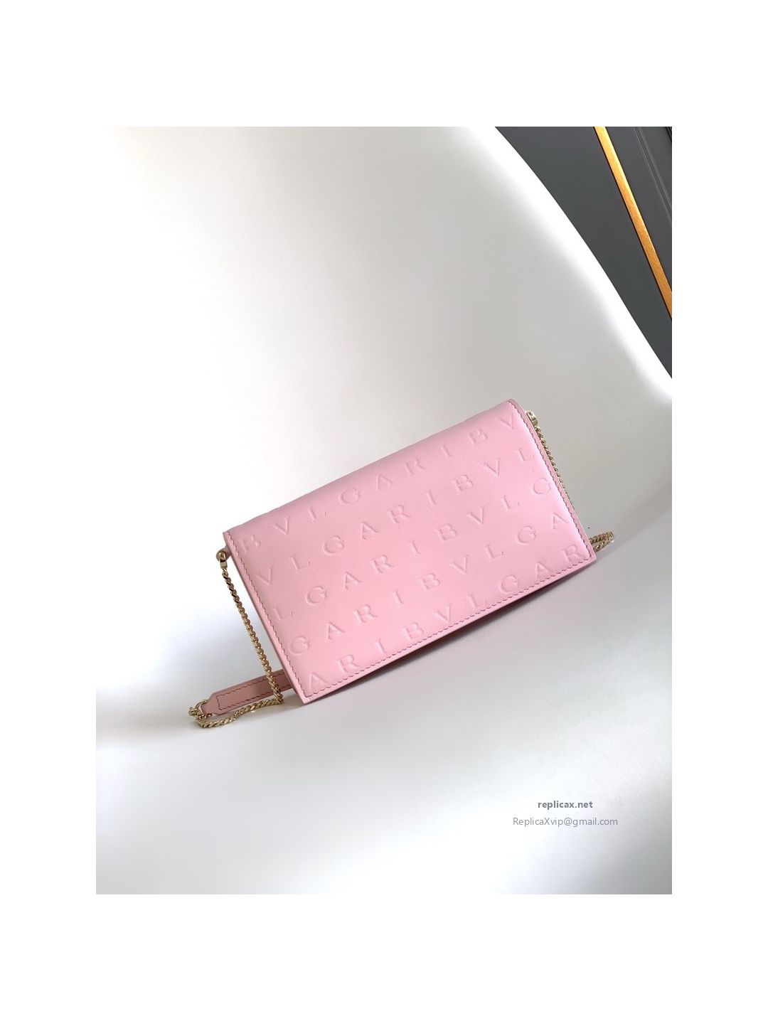 Bvlgari Infinitum Logo Chain Wallet Quartz Pink Calfskin