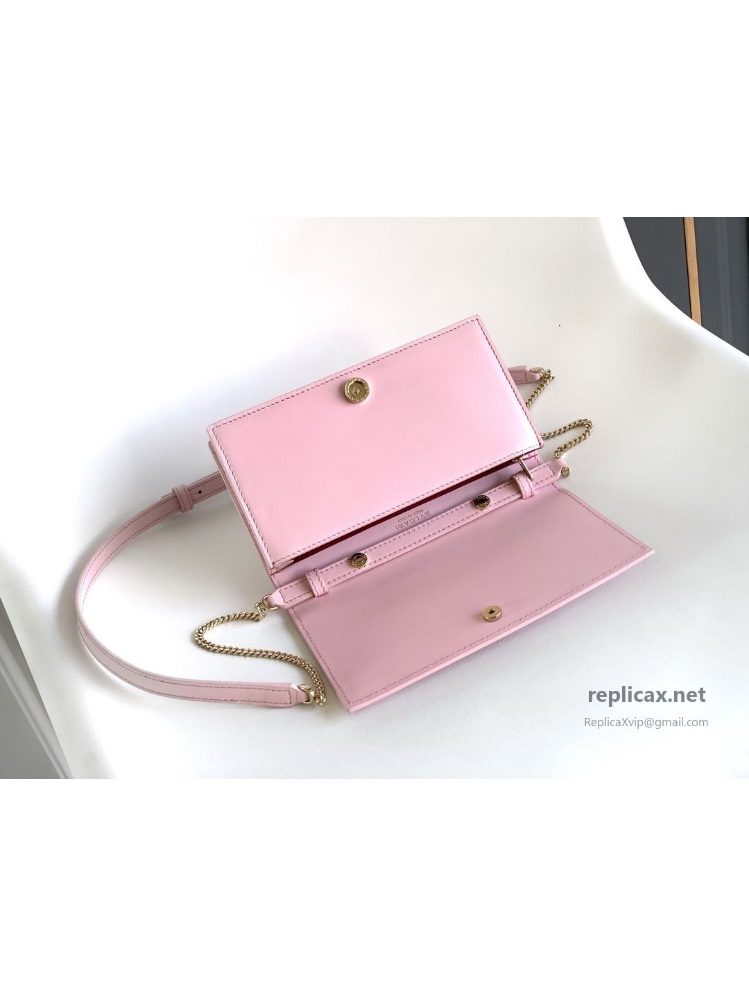 Bvlgari Infinitum Logo Chain Wallet Quartz Pink Calfskin