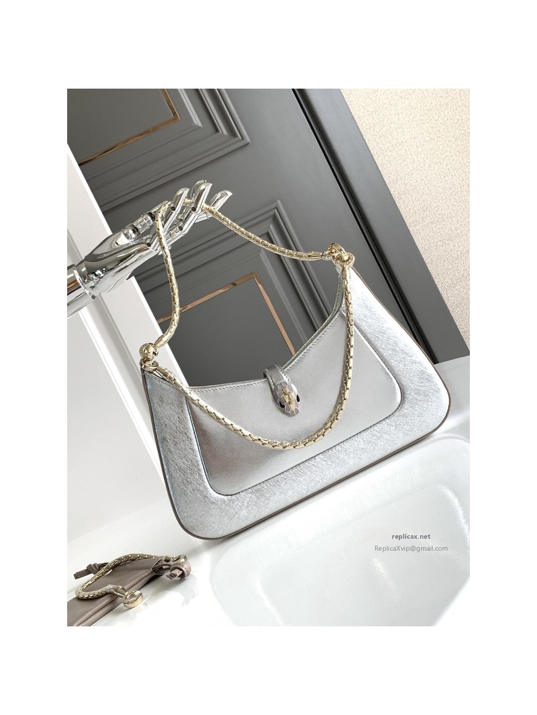 Bvlgari Serpenti Baia Small Shoulder Bag Silver Textured Calfskin
