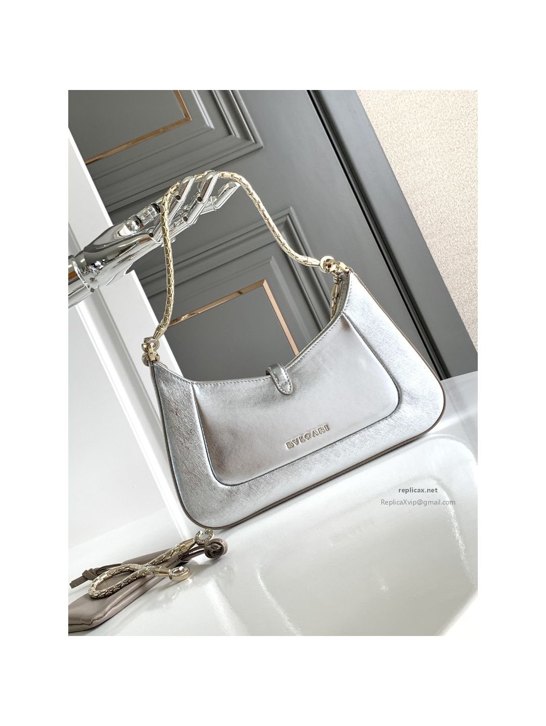 Bvlgari Serpenti Baia Small Shoulder Bag Silver Textured Calfskin