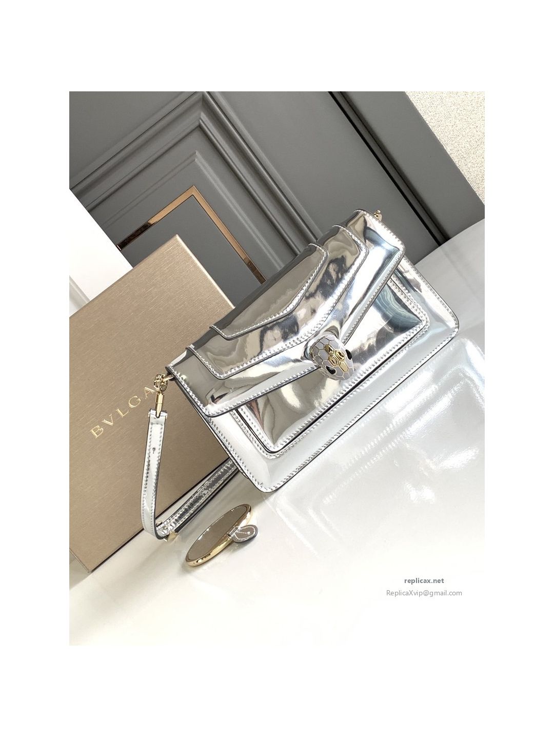 Bvlgari Serpenti Forever East-West Small Shoulder Bag Silver Mirror Calfskin