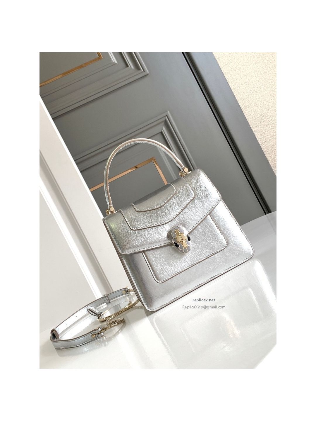 Bvlgari Serpenti Forever Small Accordion Bag Silver Textured Calfskin