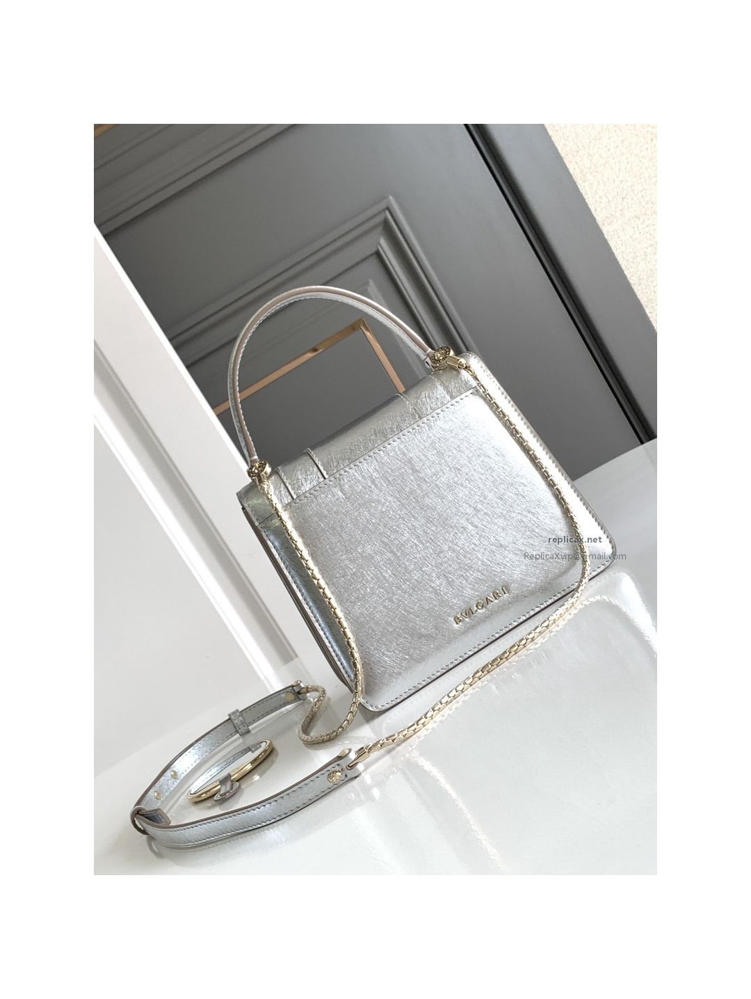Bvlgari Serpenti Forever Small Accordion Bag Silver Textured Calfskin