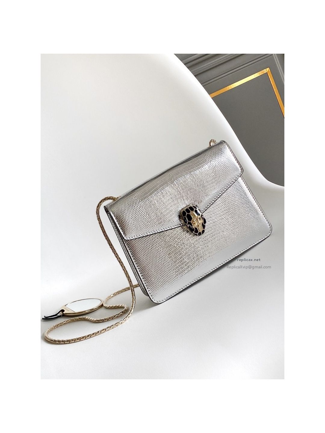 Bvlgari Serpenti Forever Small Shoulder Bag Silver Lizard-Embossed Calfskin