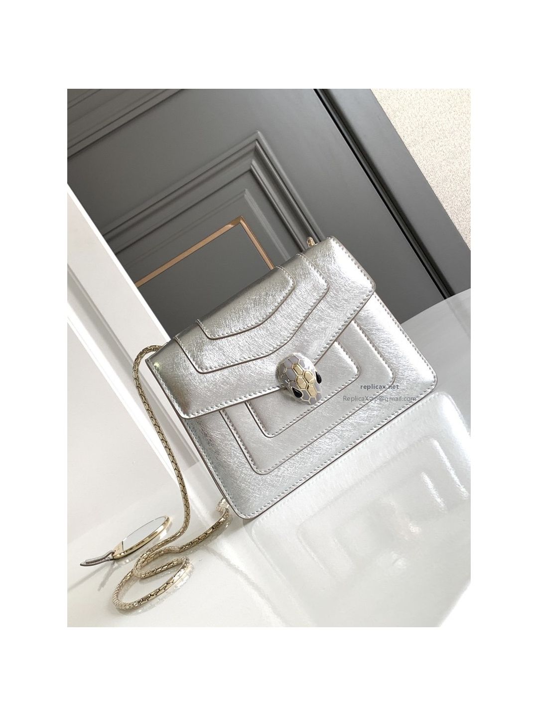 Bvlgari Serpenti Forever Small Shoulder Bag Silver Textured Calfskin