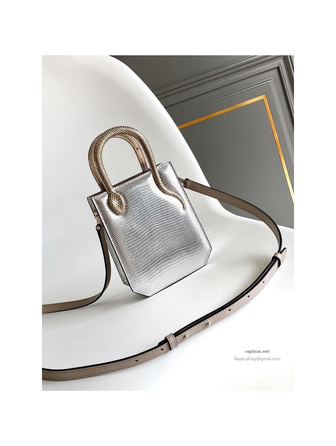 Bvlgari Serpentine Mini Tote Bag Silver Lizard-Embossed Calfskin