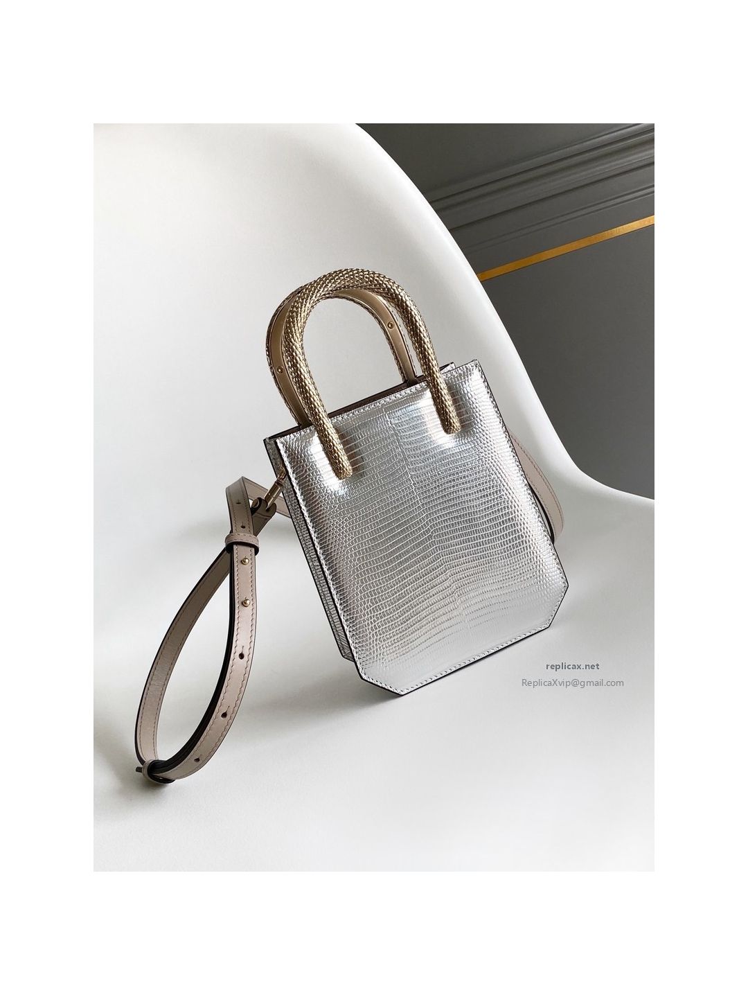 Bvlgari Serpentine Mini Tote Bag Silver Lizard-Embossed Calfskin