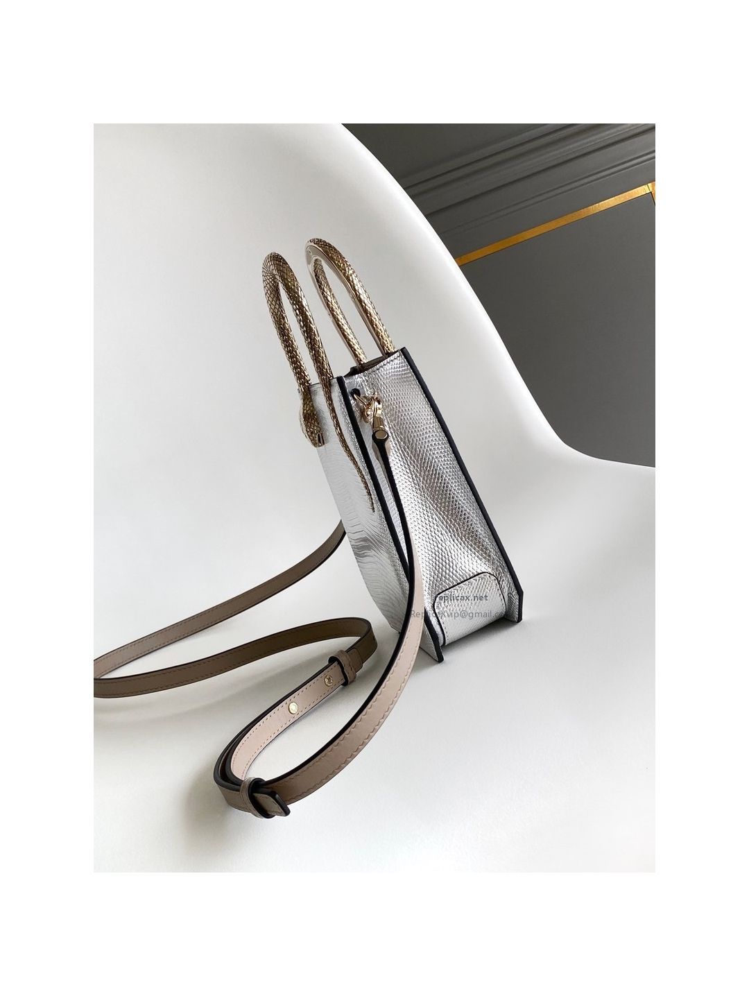 Bvlgari Serpentine Mini Tote Bag Silver Lizard-Embossed Calfskin