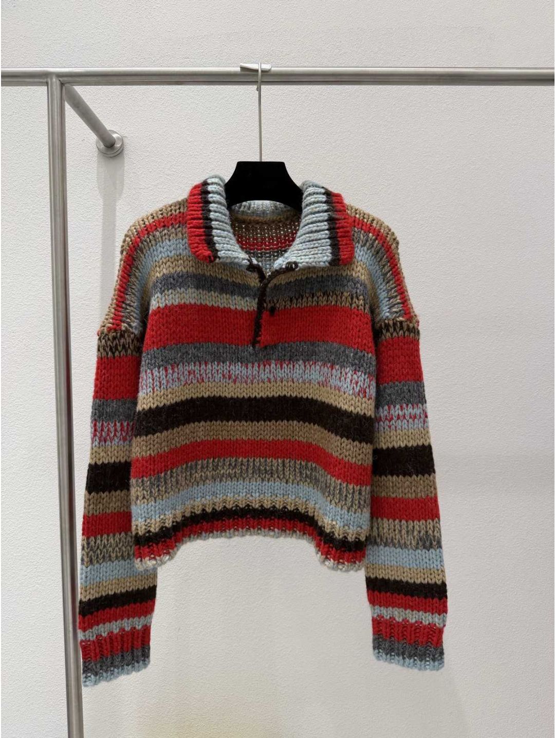 Celine Turn-Down Collar Striped Sweater in Multicolor