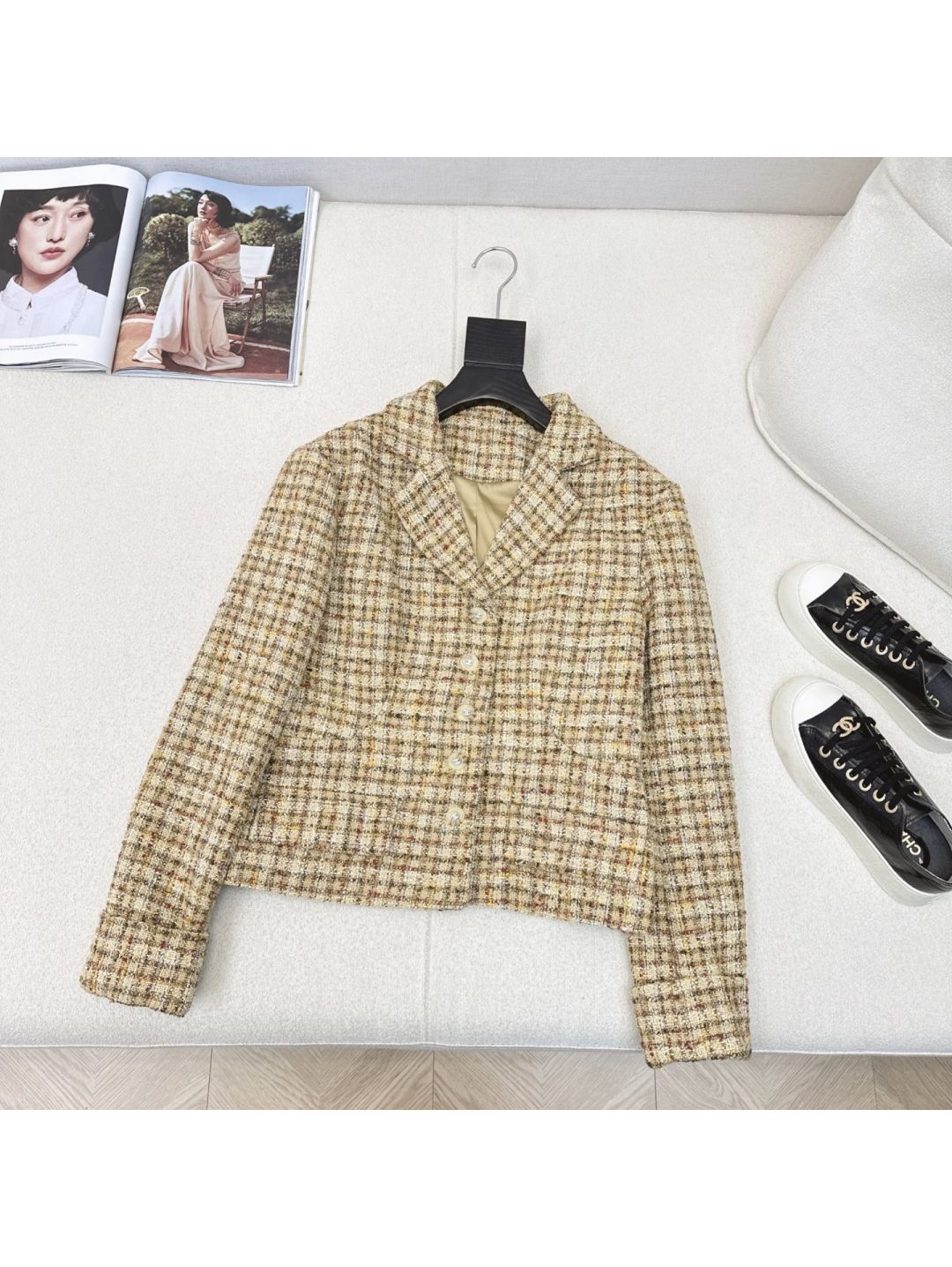 Chanel V-Neck Plaid Coat in Multicolor