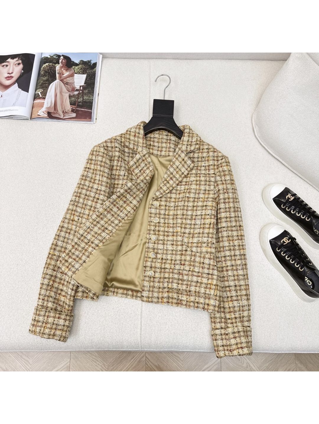 Chanel V-Neck Plaid Coat in Multicolor