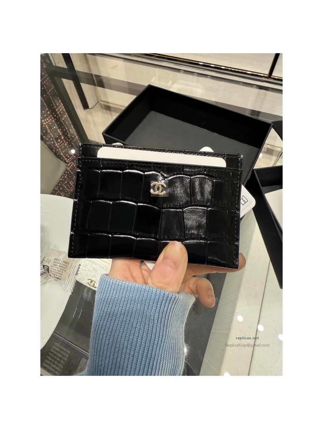 Chanel 26S Classic Card Holder Black Croc-Embossed Gold Hardware