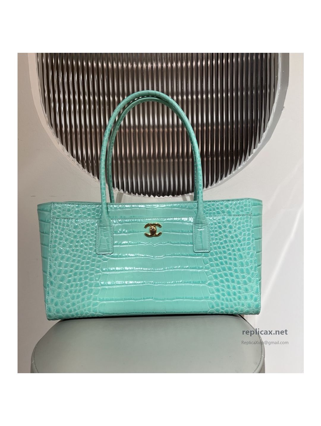 Chanel 26S Shopping Tote Mint Green Croc-Embossed