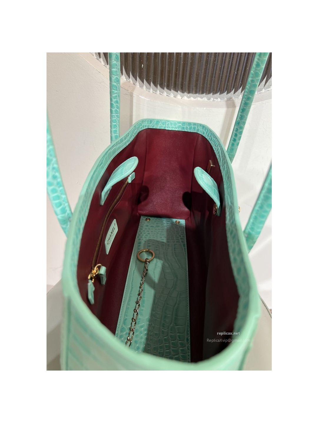 Chanel 26S Shopping Tote Mint Green Croc-Embossed