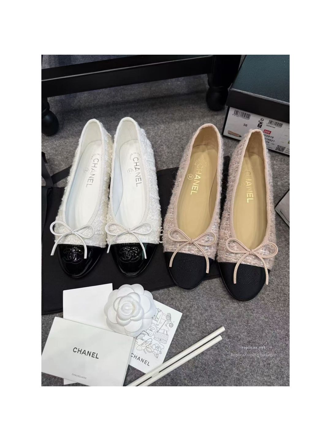 Chanel Ballet Flats White with Black Toe G02819