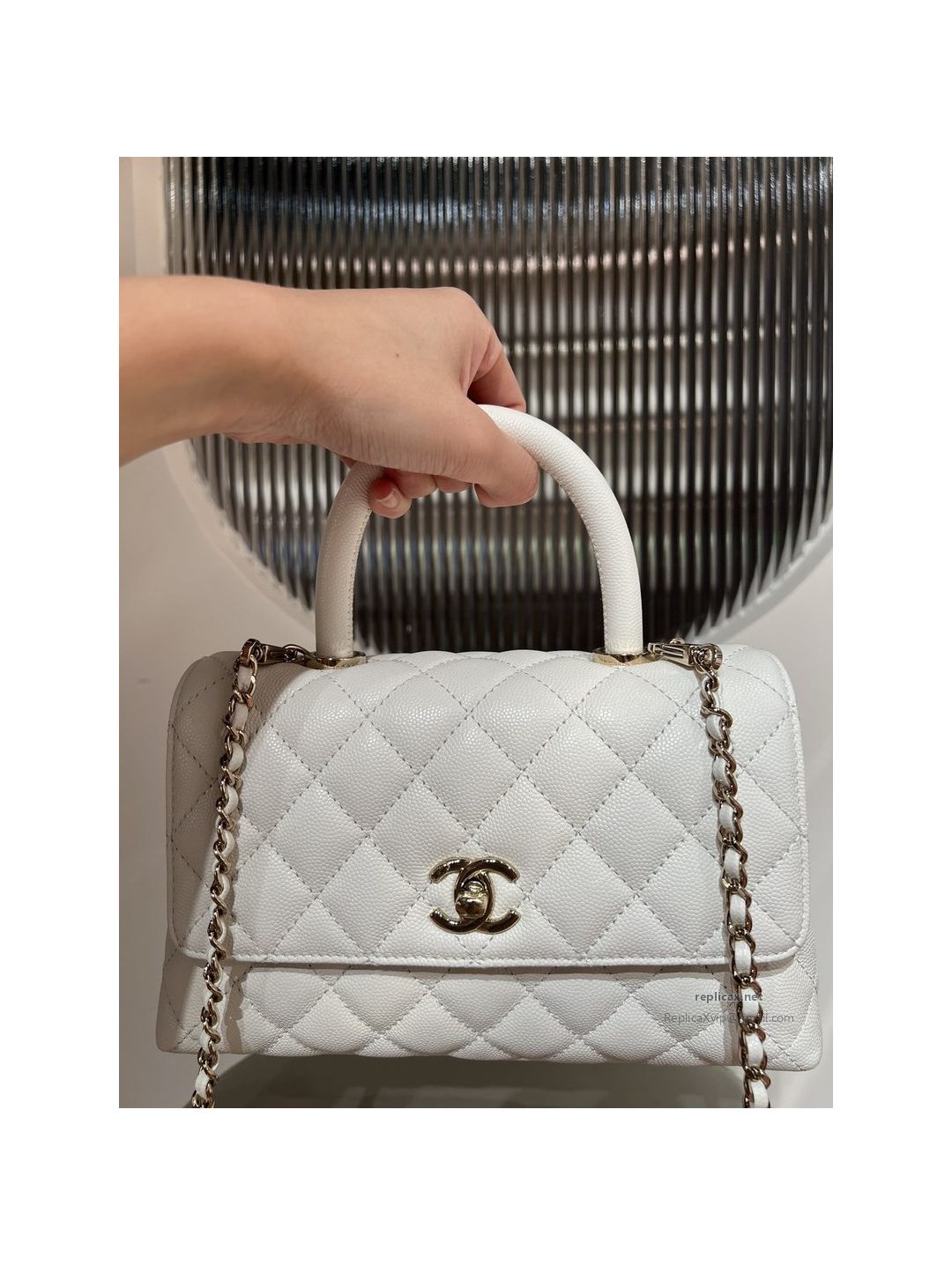 Chanel Coco Handle Small White Caviar Light Gold Hardware
