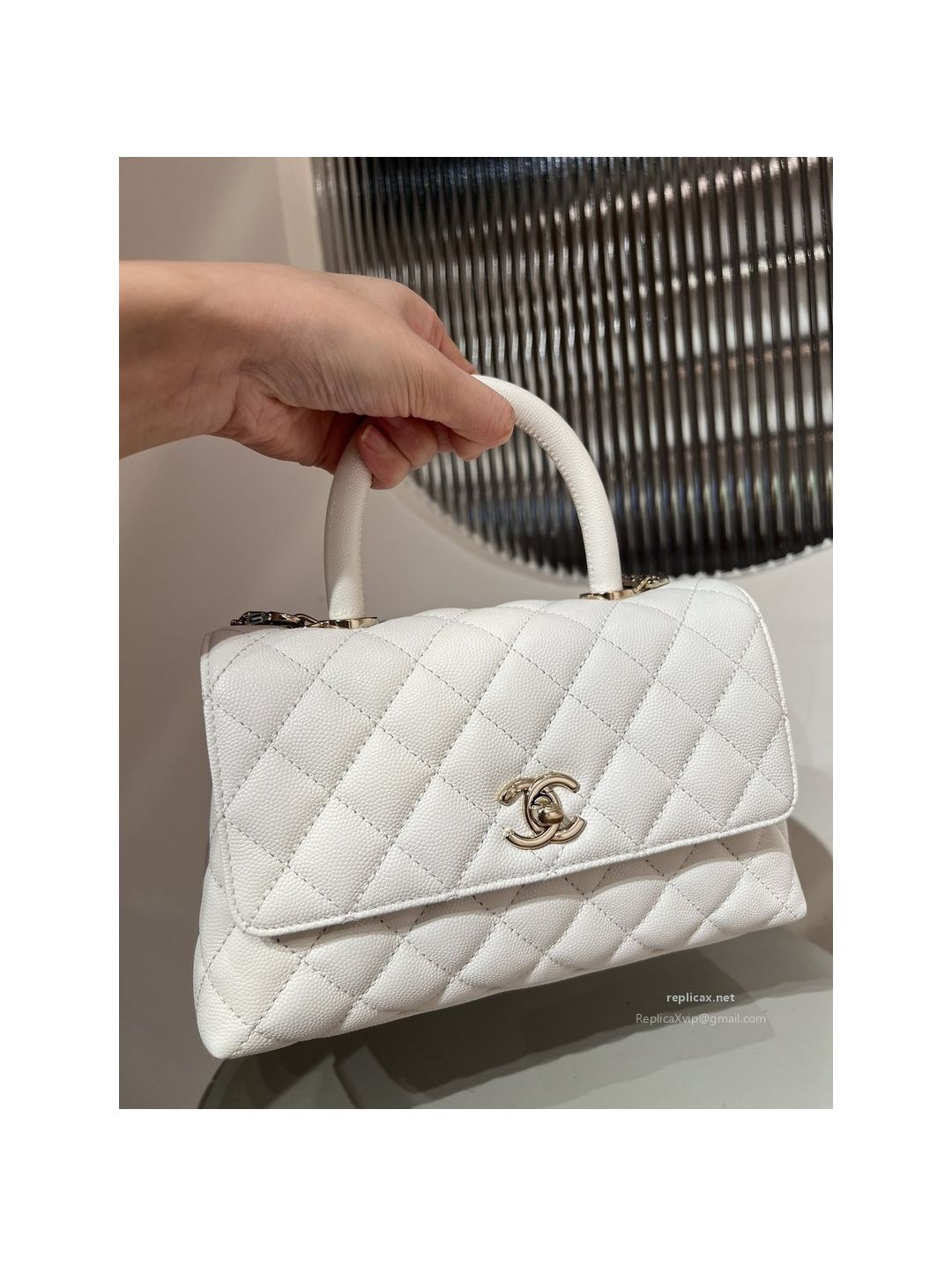 Chanel Coco Handle Small White Caviar Light Gold Hardware