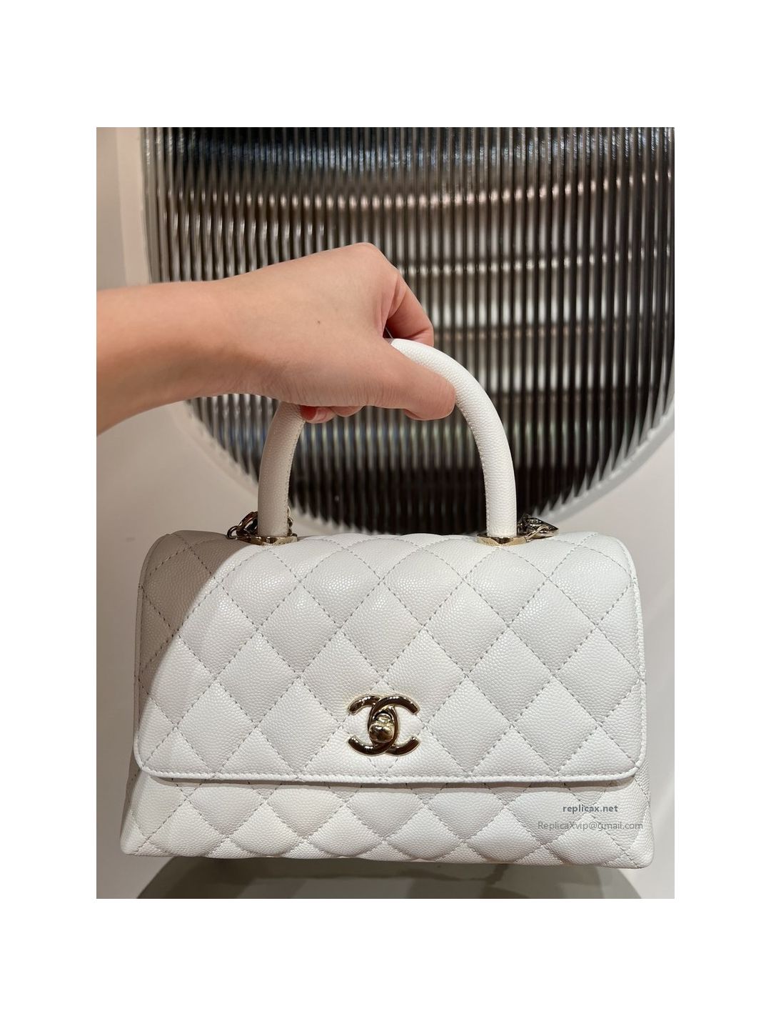 Chanel Coco Handle Small White Caviar Light Gold Hardware