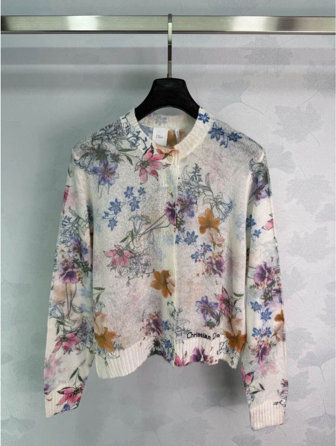Dior Crew Neck Ribbed Knit Cardigan in Multicolor