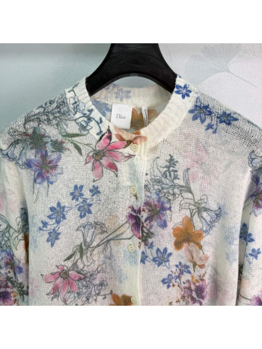 Dior Crew Neck Ribbed Knit Cardigan in Multicolor