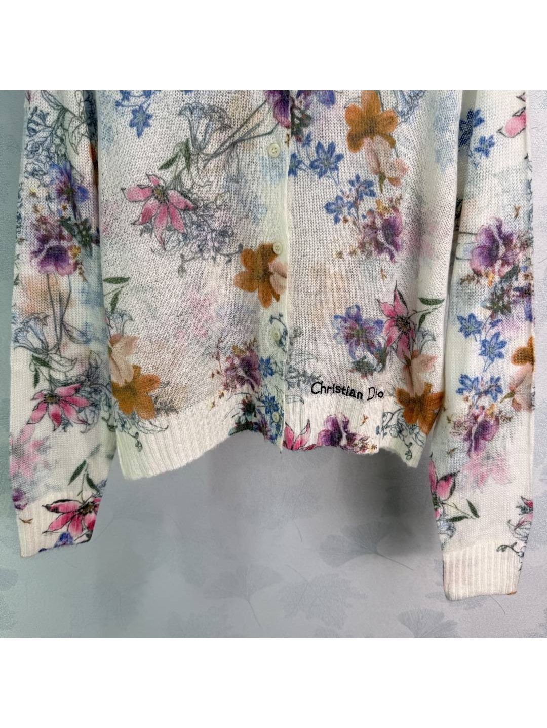 Dior Crew Neck Ribbed Knit Cardigan in Multicolor