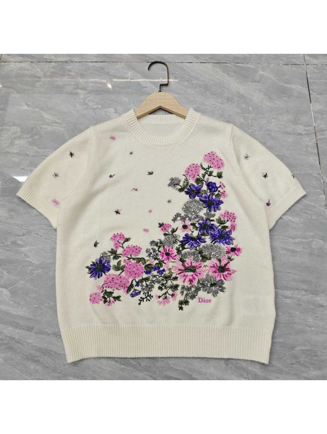Dior Crew Neck Short Sleeve Knit Top in Multicolor