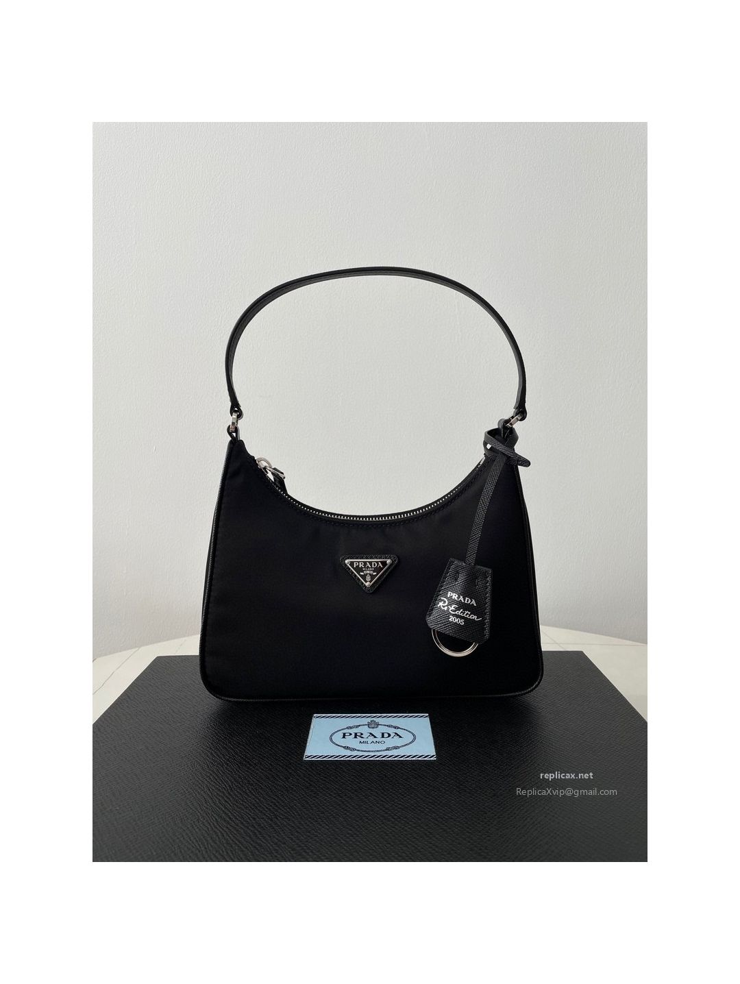 Prada Re-Nylon Hobo Shoulder Bag Black Saffiano Strap 1NE204