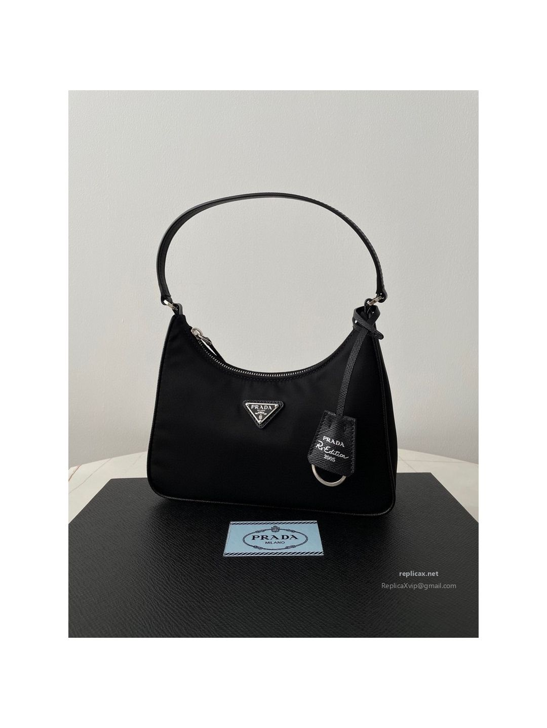 Prada Re-Nylon Hobo Shoulder Bag Black Saffiano Strap 1NE204