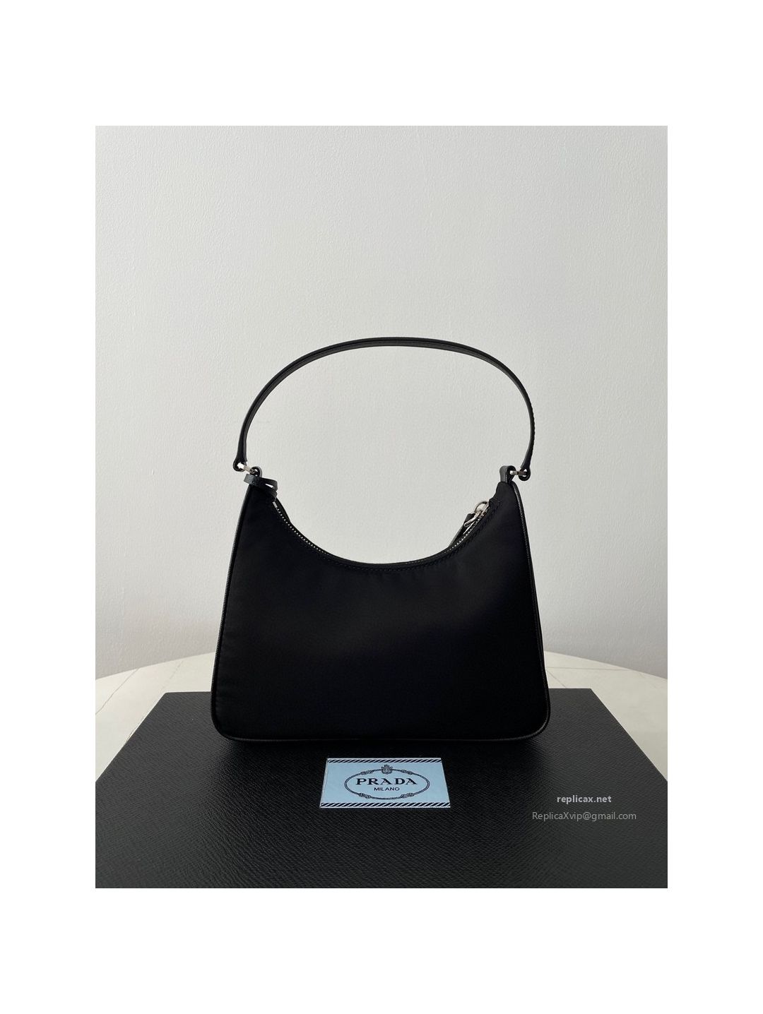 Prada Re-Nylon Hobo Shoulder Bag Black Saffiano Strap 1NE204