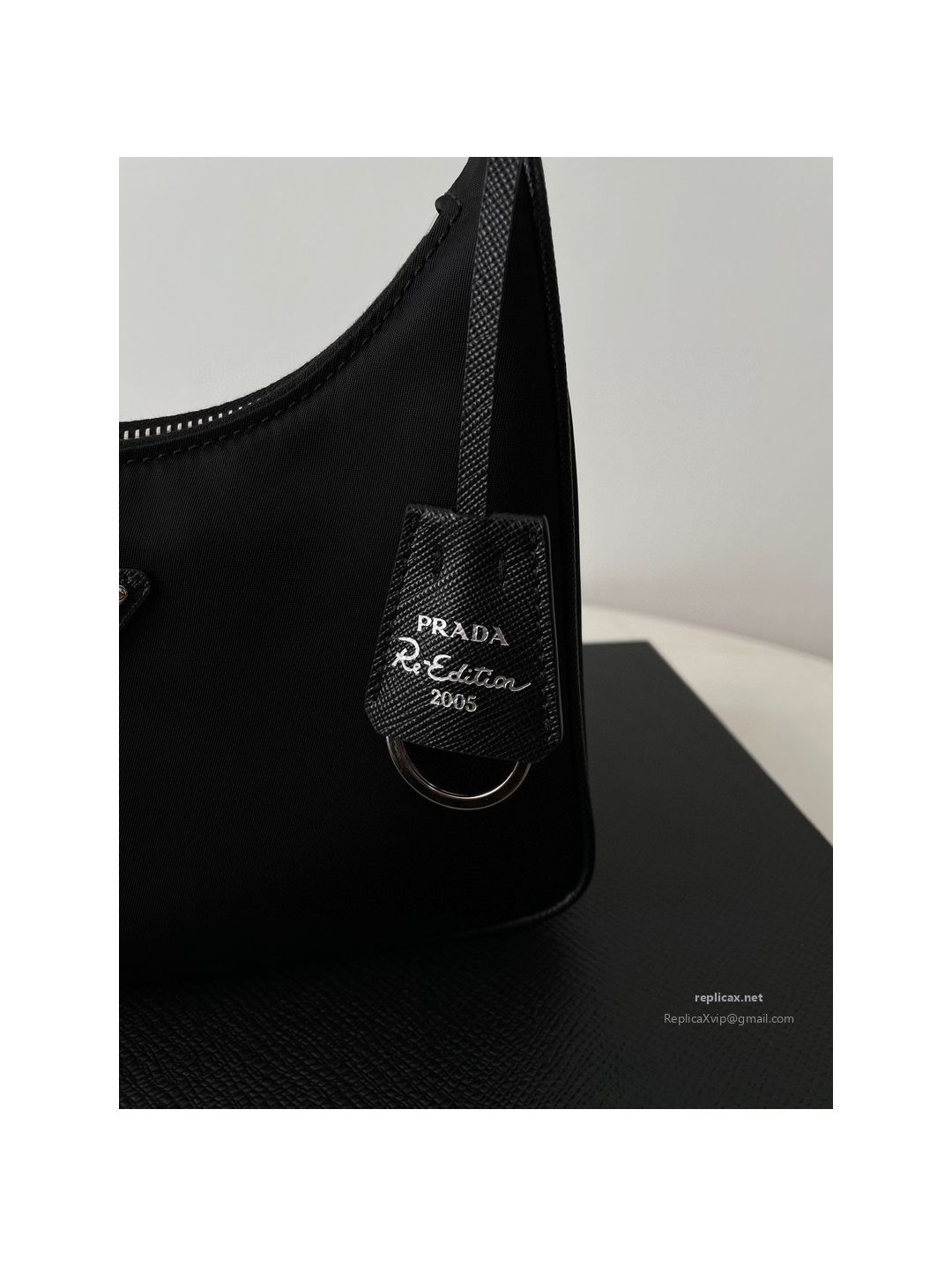 Prada Re-Nylon Hobo Shoulder Bag Black Saffiano Strap 1NE204