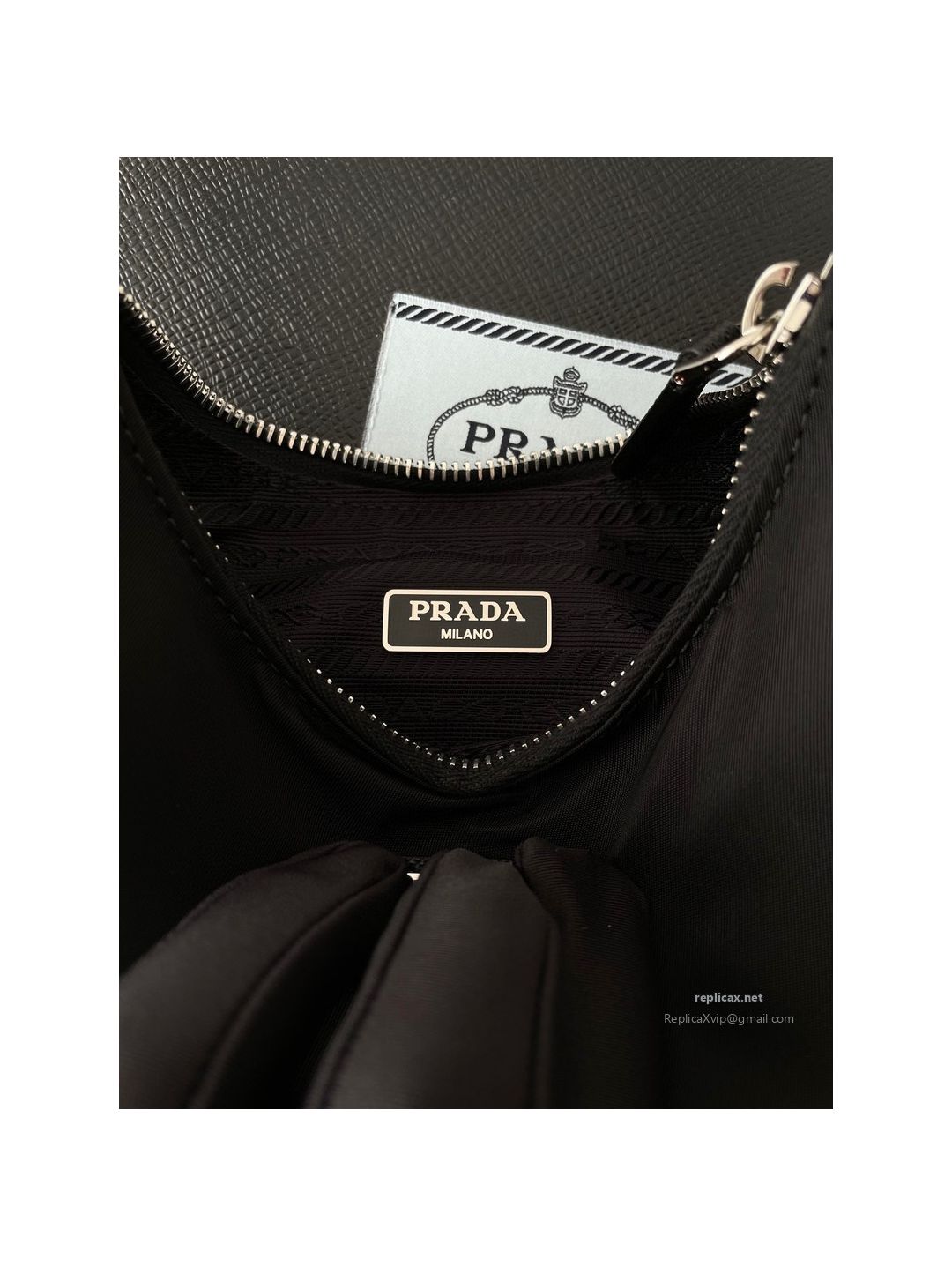 Prada Re-Nylon Hobo Shoulder Bag Black Saffiano Strap 1NE204