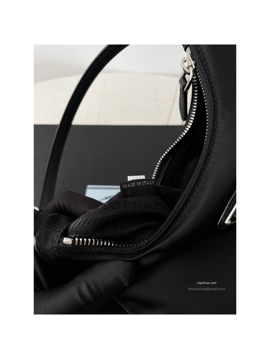 Prada Re-Nylon Hobo Shoulder Bag Black Saffiano Strap 1NE204