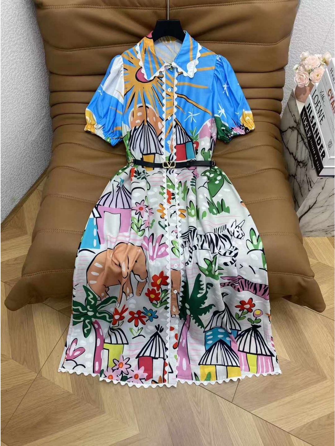 Valentino Turn-Down Collar Short Sleeve Dress in Multicolor