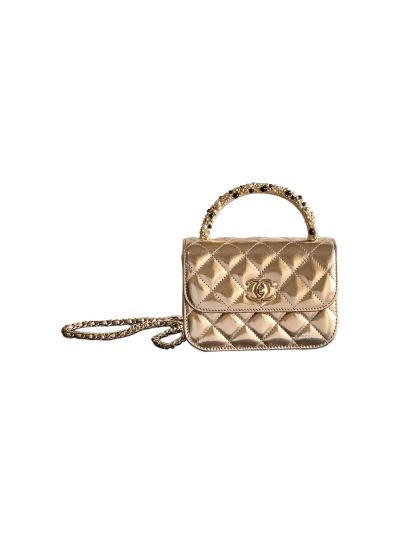 Chanel Small Clutch Flap Bag with Chain Gold Metallic Lambskin