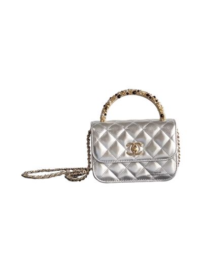 Chanel Small Clutch Flap Bag with Chain Silver Metallic Lambskin 