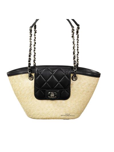 Chanel Vip Large Shopping Tote Bag Beige Raffia and Black Lambskin A2579