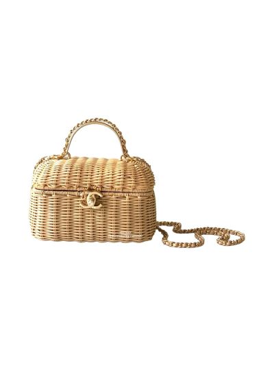 Chanel Vanity Case Top Handle Shoulder Bag Beige Braided Rattan AS5993