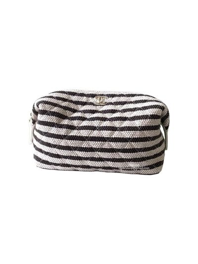 Chanel Zipped Case Beige Black Printed Fabric AP4990