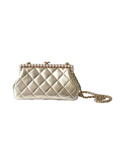 Chanel 2026 Clutch With Chain Pearls Shoulder Bag Gold Quilted Lambskin Leather AS5912