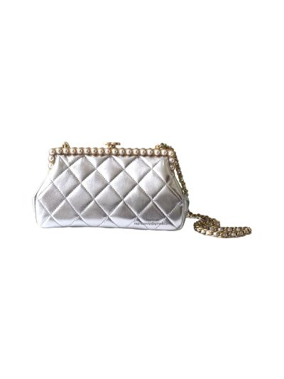 Chanel 2026 Clutch With Chain Pearls Shoulder Bag Silver Quilted Lambskin Leather AS5912