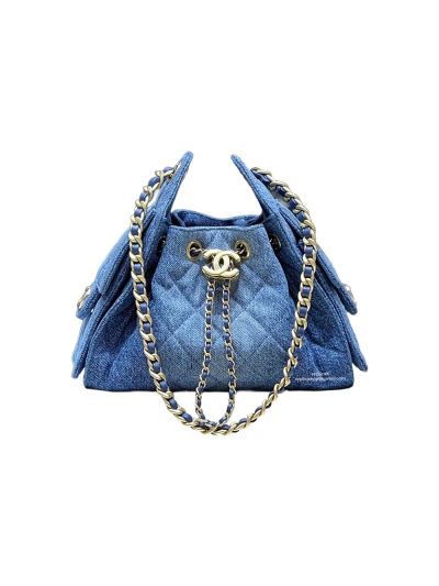 Chanel Vip 25 Mini Bucket Hobo Shoulder Bag Denim Blue Fabric AS5631