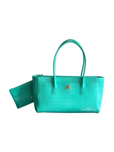 Chanel Small Clutch Shopping Tote Bag Aqua Green Crocodile Embossed Calfskin