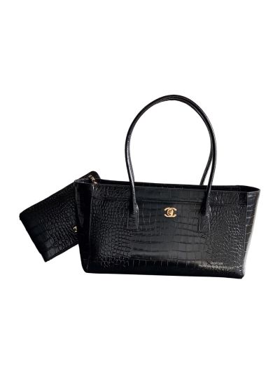 Chanel Small Clutch Shopping Tote Bag Black Crocodile Embossed Calfskin