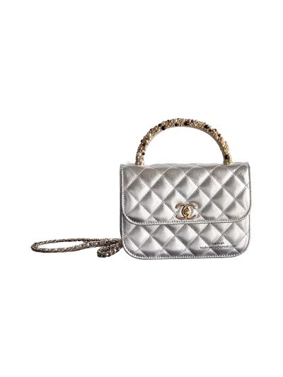 Chanel Clutch Flap Bag with Chain Silver Metallic Lambskin