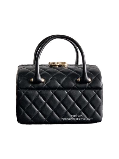 Chanel Vanity Case Minaudiere Top Handle Evening Box Bag Black Quilted Leather
