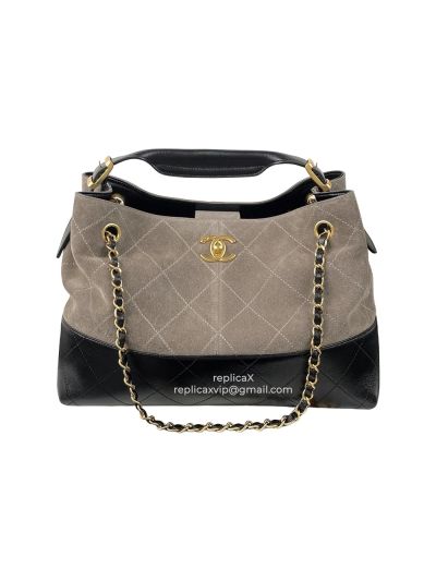 Chanel Suede Calfskin Shiny Lambskin Quilted Small Shopping Shoulder Bag Gray Black A3501