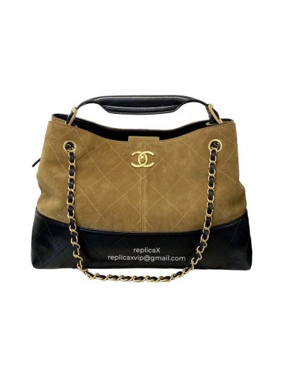 Chanel Suede Calfskin Shiny Lambskin Quilted Small Shopping Shoulder Bag Beige Black A3501