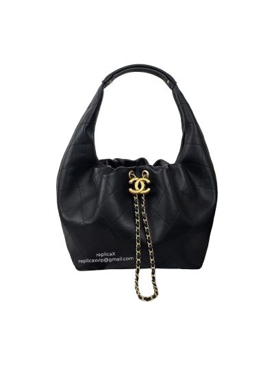Chanel Small Hobo Shoulder Bag Black Calfskin Leather A7761